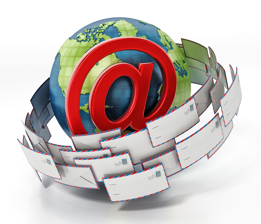 Group of orbiting enveloppes around the globe with @ sign. Map link (Derived from): http://www.lib.utexas.edu/maps/world_maps/txu-oclc-264266980-world_pol_2008-2.jpg