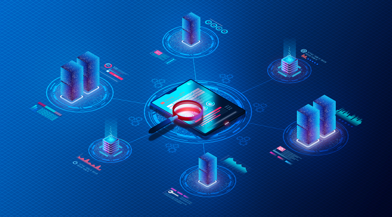 Test Data Management Concept with Servers and Databases Forming a Network of Applications Undergoing Tests - TDM - DevOps and App Performance Monitoring - 3D Illustration